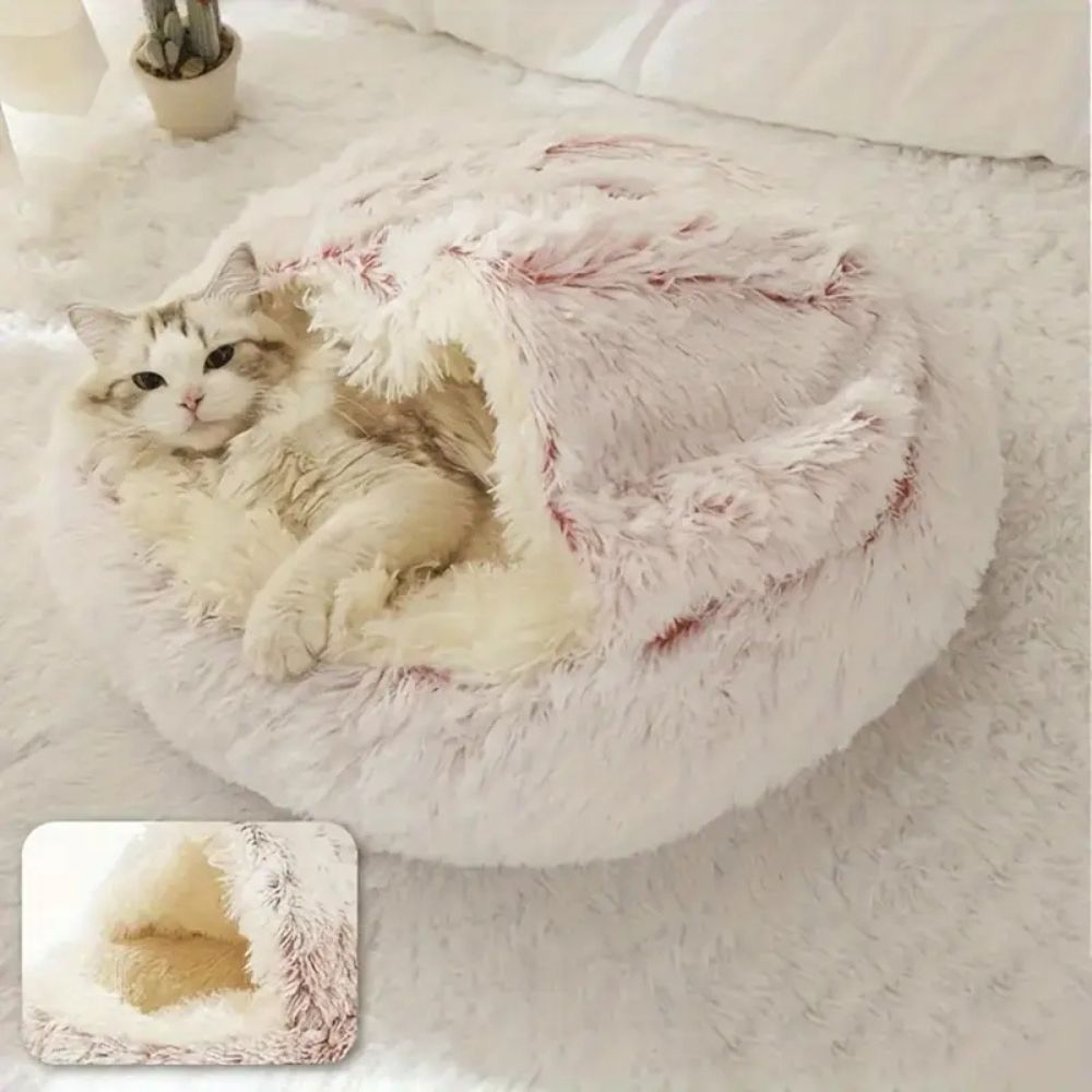 Cama para Mascotas Redonda con Capucha de Piel Sintética