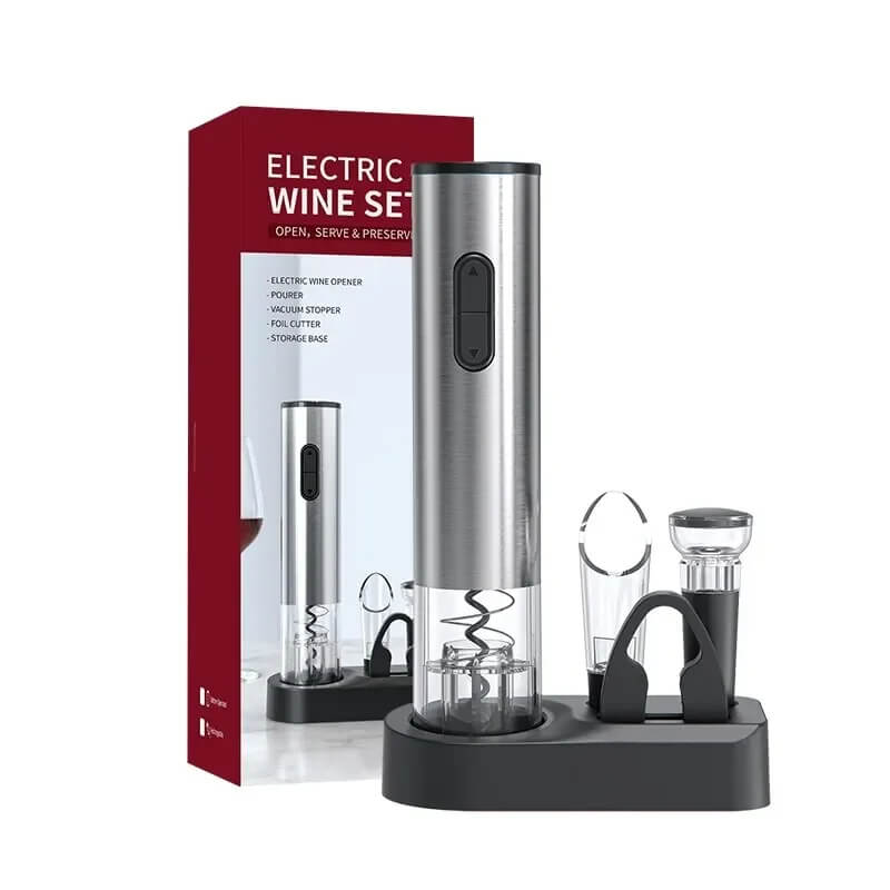 Set de Sacacorchos Eléctrico 5 en 1 con Cortador de Papel de Aluminio, Decantador y Tapón de Vacío – Sacacorchos Automático y Base de Exhibición | Regalo Perfecto para Amantes del Vino