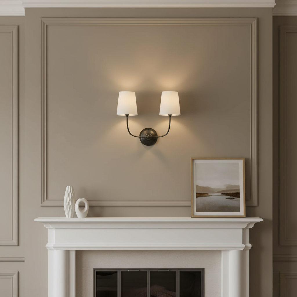 Aplique de Pared Doble Cadence con Brazos de Latón y Pantallas de Tela