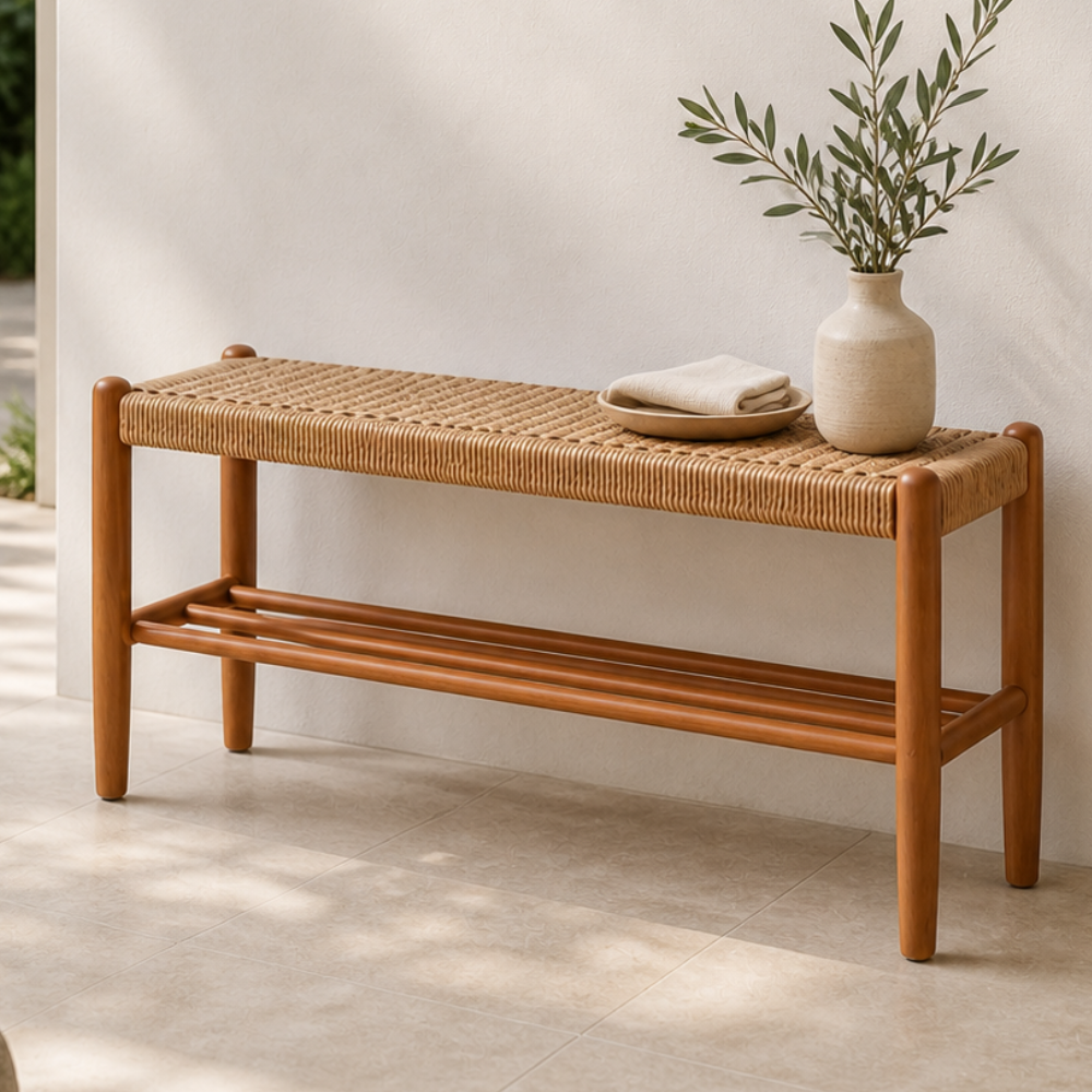 Banca Japonesa Elegante - Diseño de Cuero de Vaca Trenzado y Madera de Cereza para el Vestíbulo