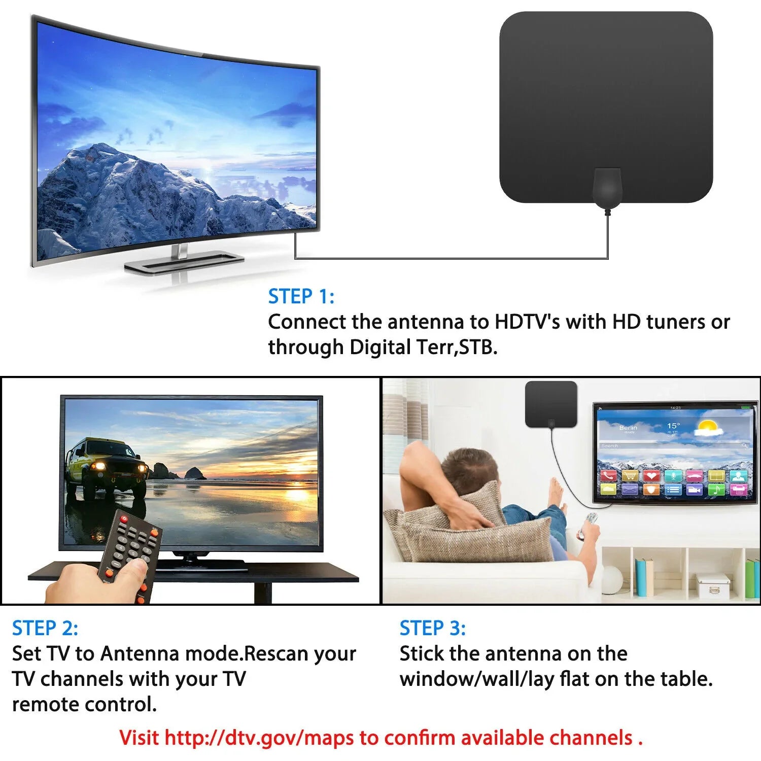 Antena HDTV Amplificada Digital Interior de 300 Millas con Refuerzo de Señal