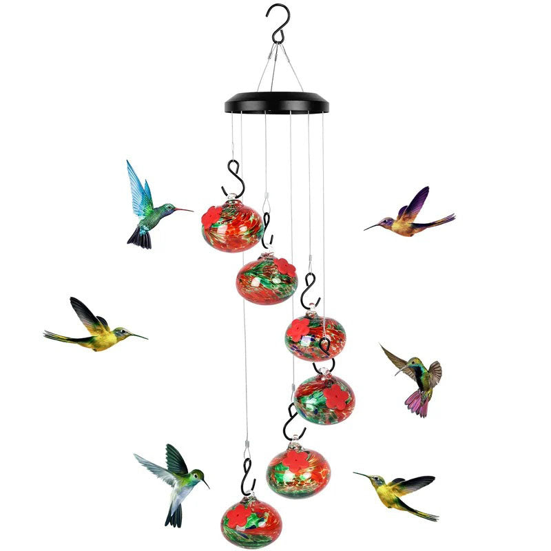 Alimentador de colibríes de vidrio soplado a mano ChimeFeeder con campanilla de viento