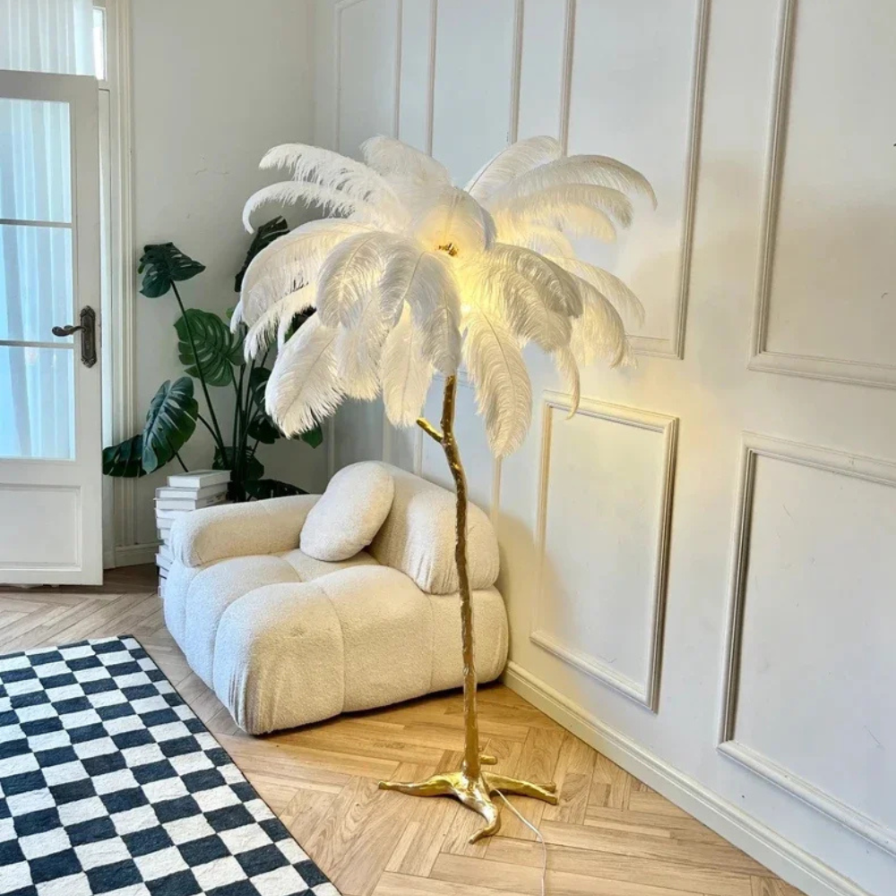 Lámpara de Pie con Pantalla de Plumas Elegante - Lámpara de Trípode Moderna para Sala de Estar