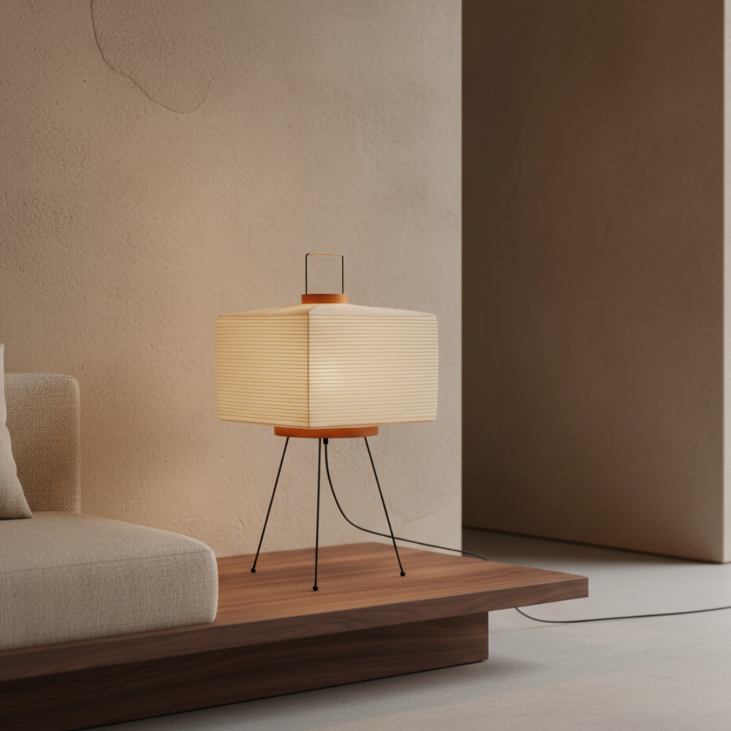Lámpara de Mesa Minimalista Akari 7A con Pantalla de Papel Washi Plegado a Mano