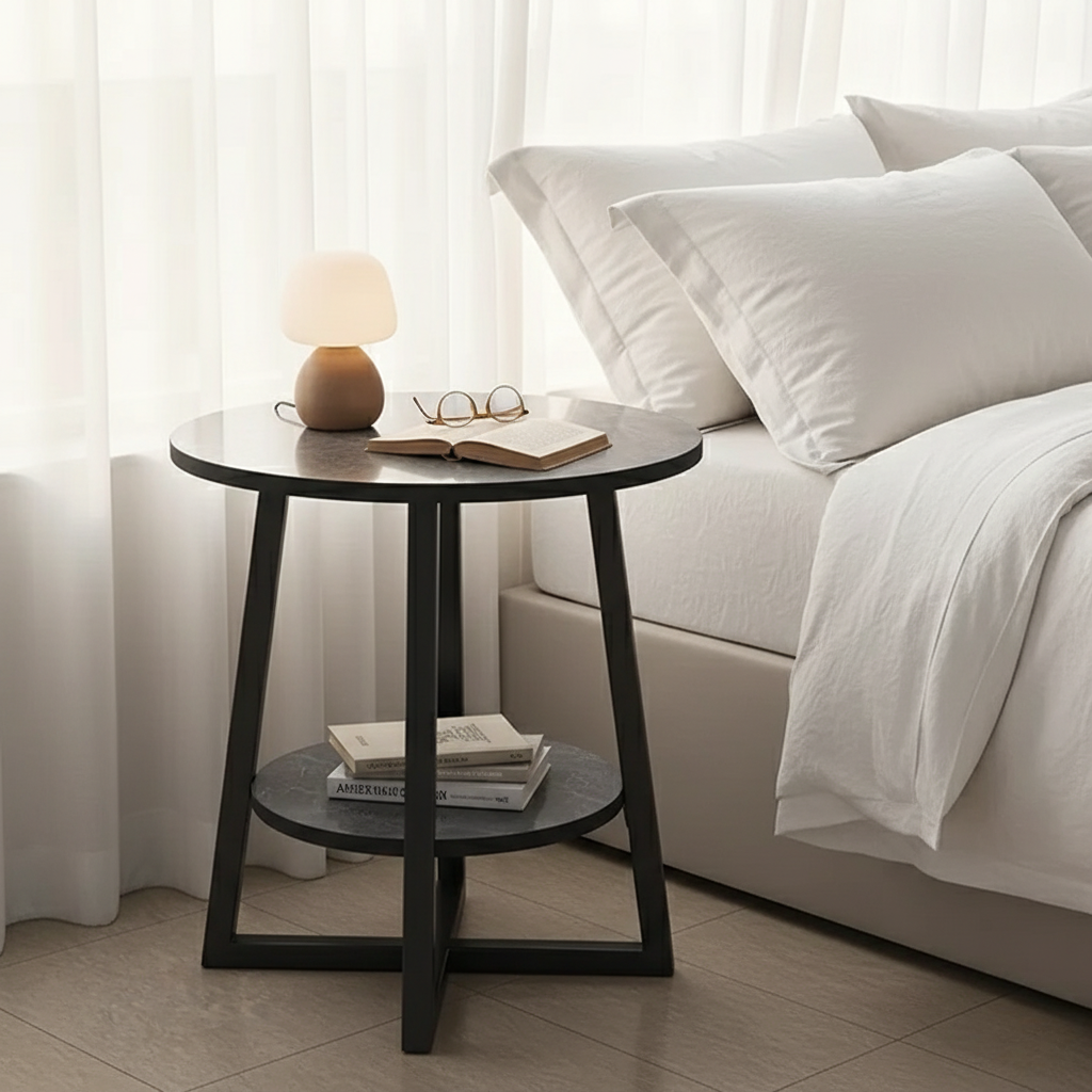 Mesa Lateral Moderna de Dos Niveles con Diseño Compacto – Mesa de Noche Versátil y Mesa de Exterior para Espacios Pequeños