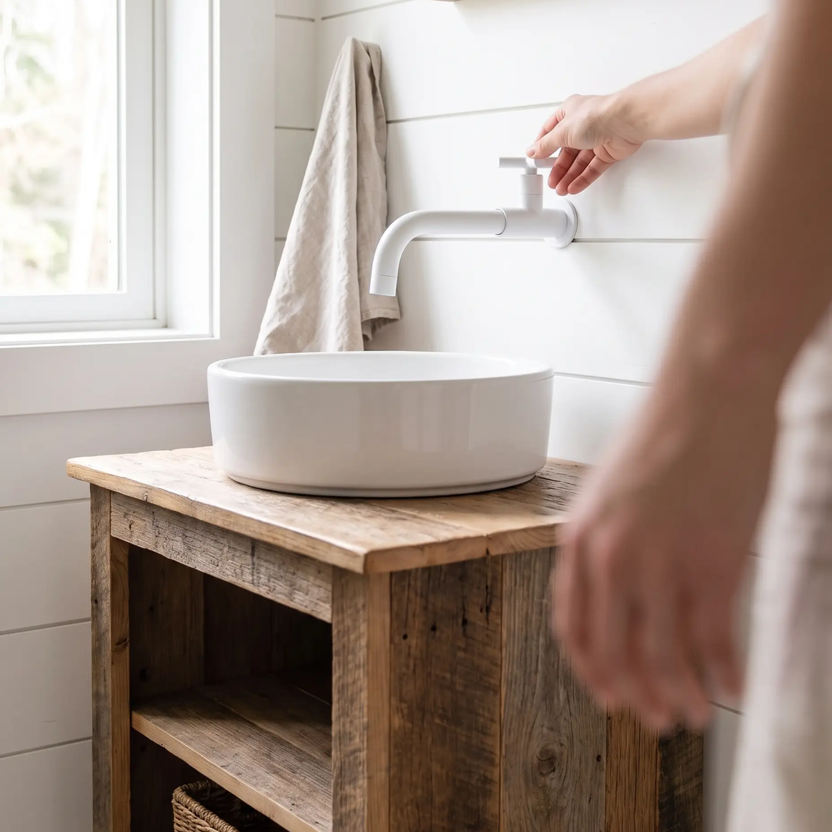 Grifo de baño contemporáneo montado en la pared con manijas cruzadas de acero inoxidable