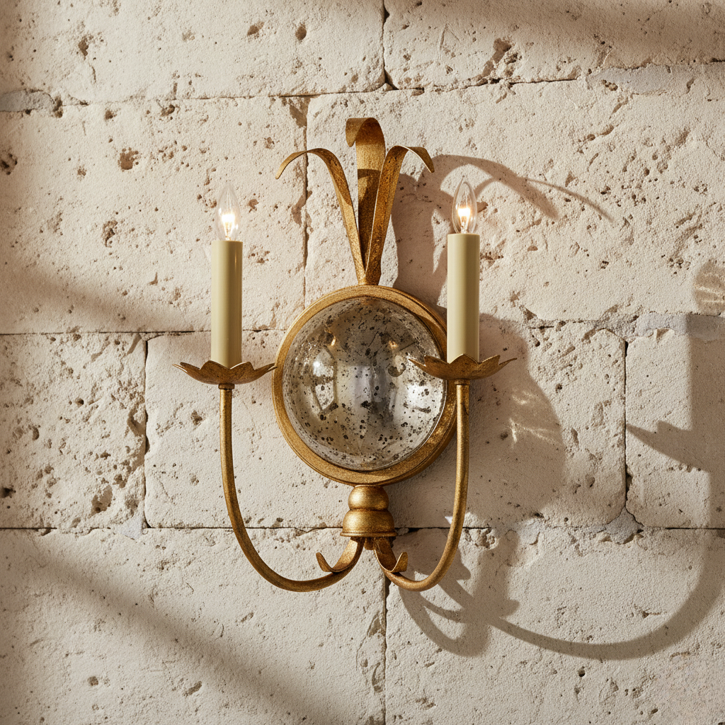 Apliques de Pared de Latón Elegantes con Espejo Antiguo y Luces de Candelabro