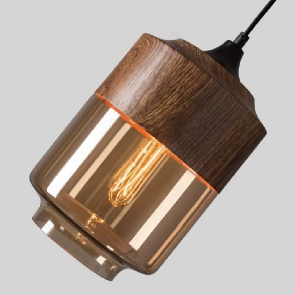Lámpara de Techo Escandinava NordLuna - F fixture de Luz de Madera con Vidrio Tinteado, Altura Ajustable para Comedores y Espacios Habitables