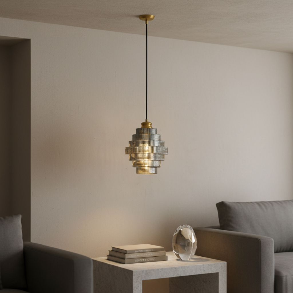 Lámpara Colgante de Cristal Tinteado con Rayas de Latón Antiguo - Elegantes Luces Colgantes para Cocina