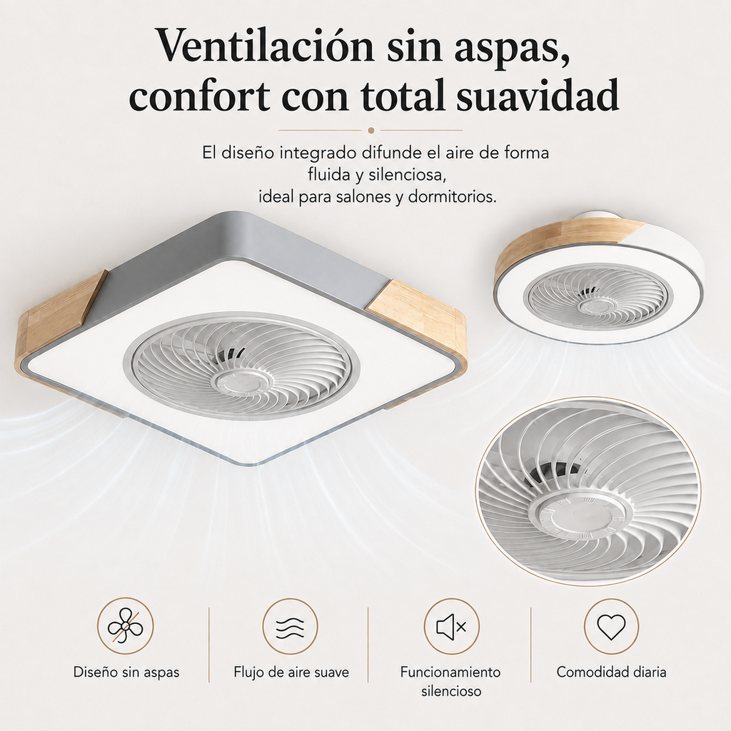 Ventilador de Techo Moderno Sin Aspas con Luz LED y Control Remoto