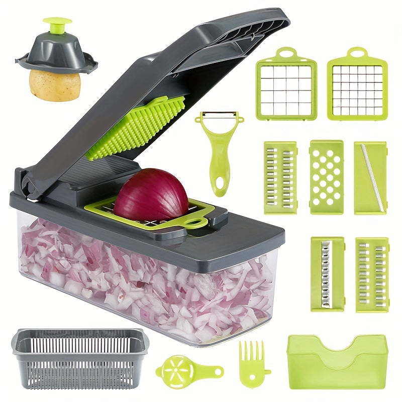 Set de Cortadores de Verduras de 14 Piezas - Raspador Manual, Pelador, Picadora y Rebanador para Preparación de Cocina
