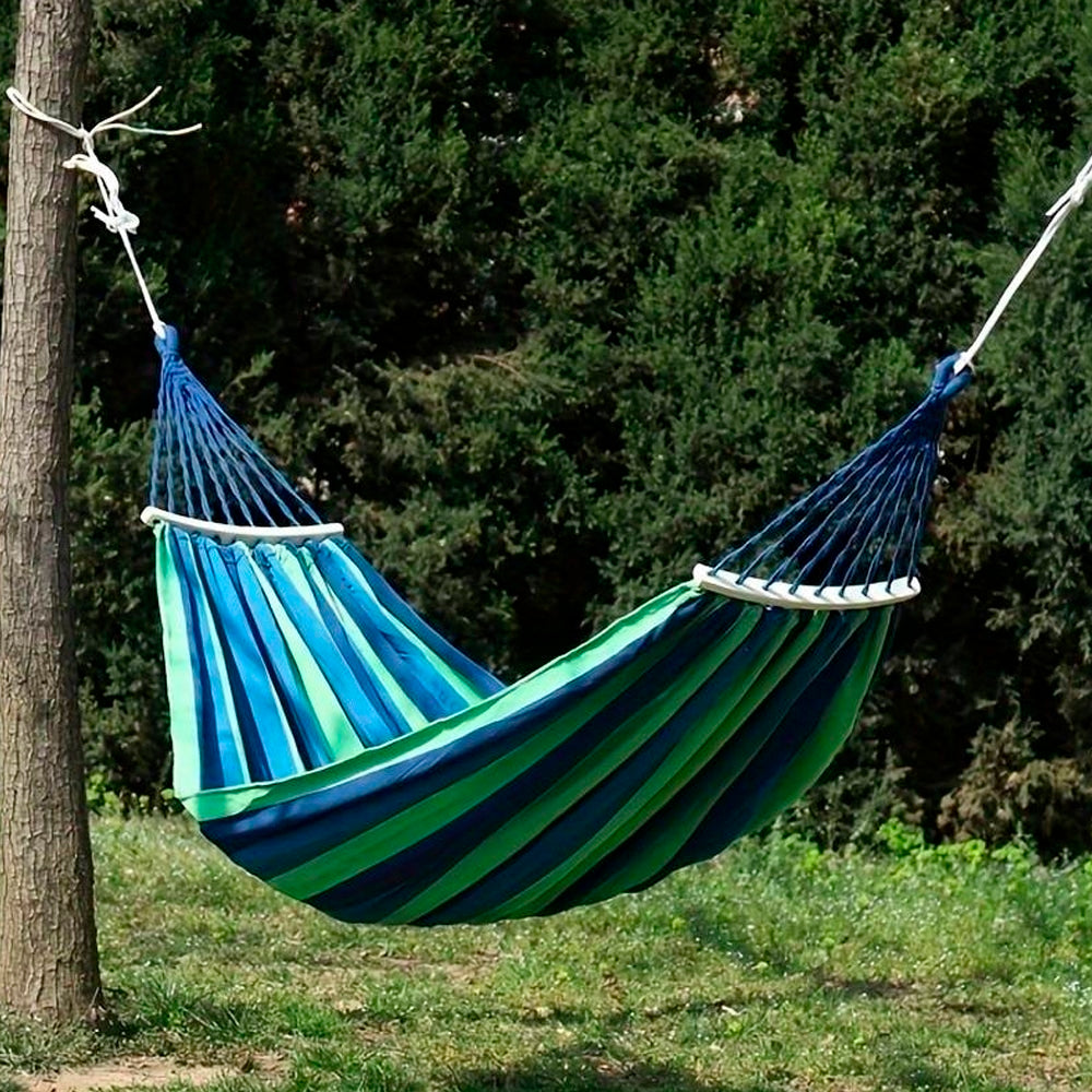 Hamaca de camping de algodón a rayas azules