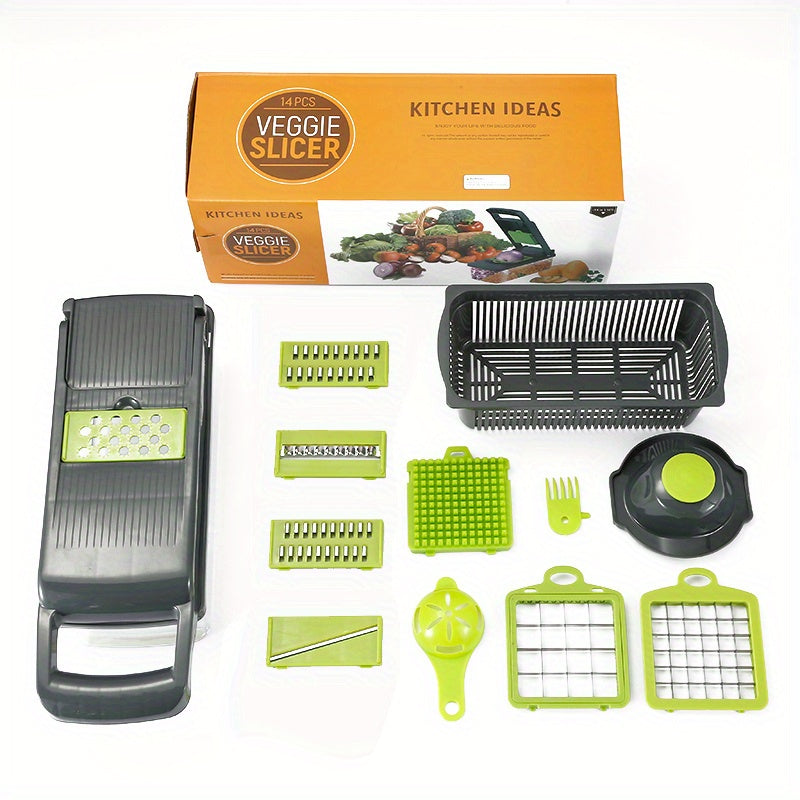 Set de Cortadores de Verduras de 14 Piezas - Raspador Manual, Pelador, Picadora y Rebanador para Preparación de Cocina