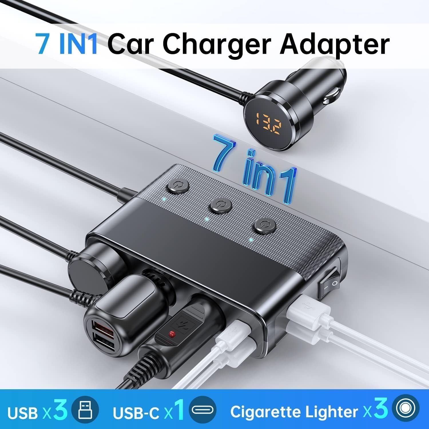 Adaptador de Encendedor de Coche 7 en 1 con Carga Rápida