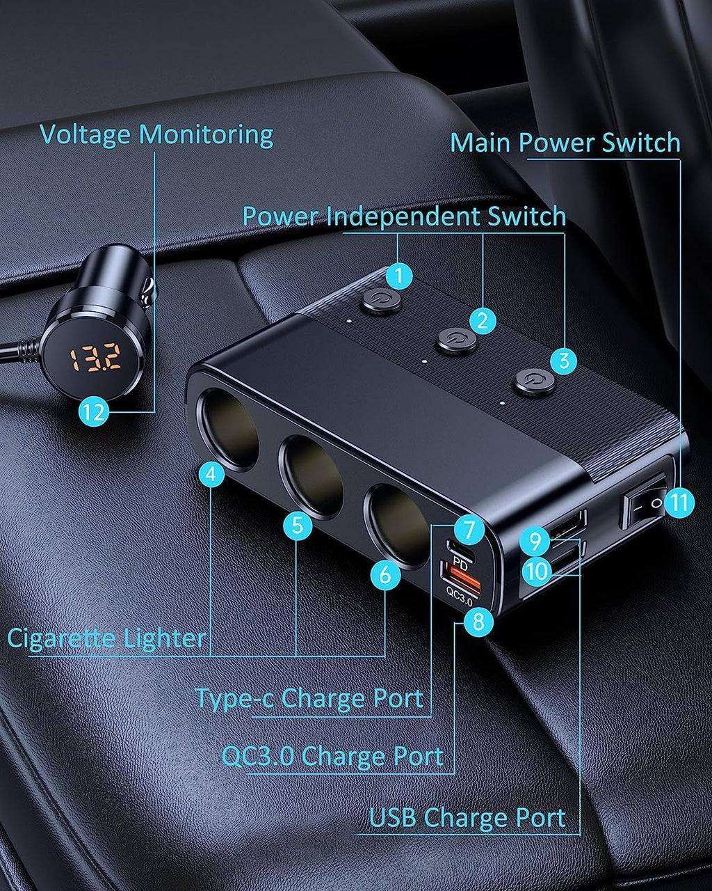 Adaptador de Encendedor de Coche 7 en 1 con Carga Rápida