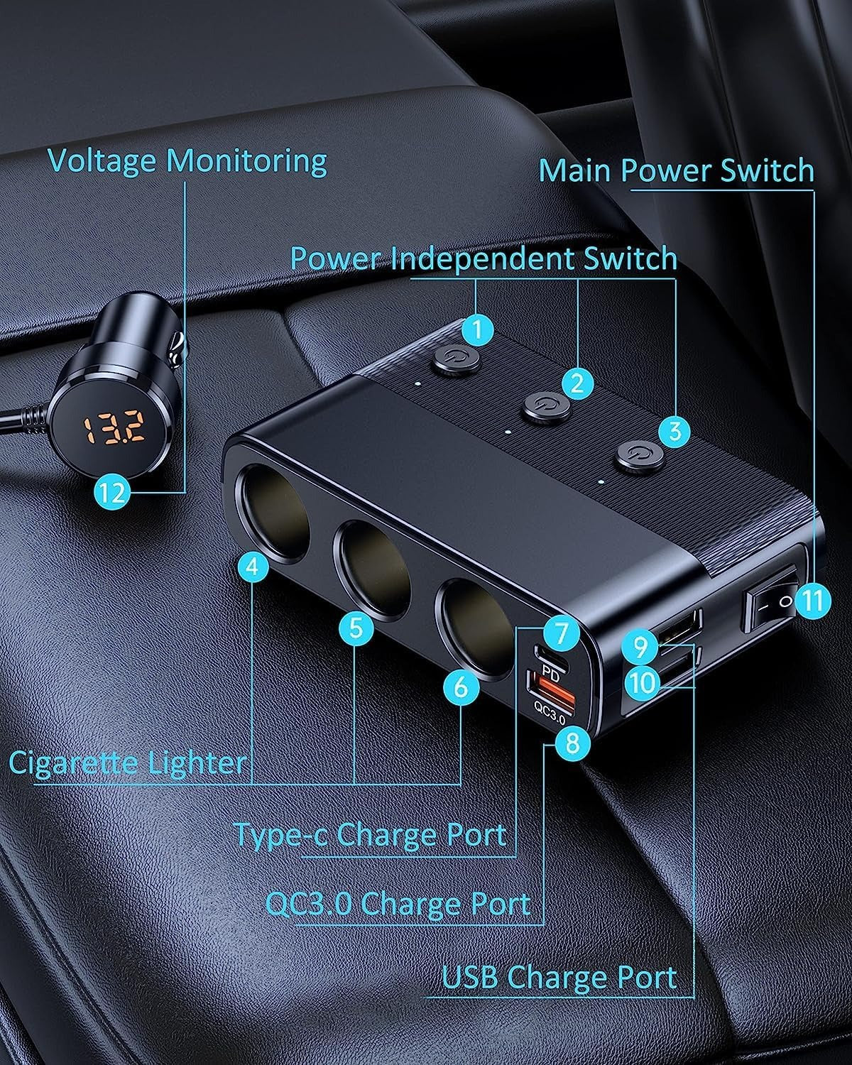 Adaptador de Encendedor de Coche 7 en 1 con Carga Rápida