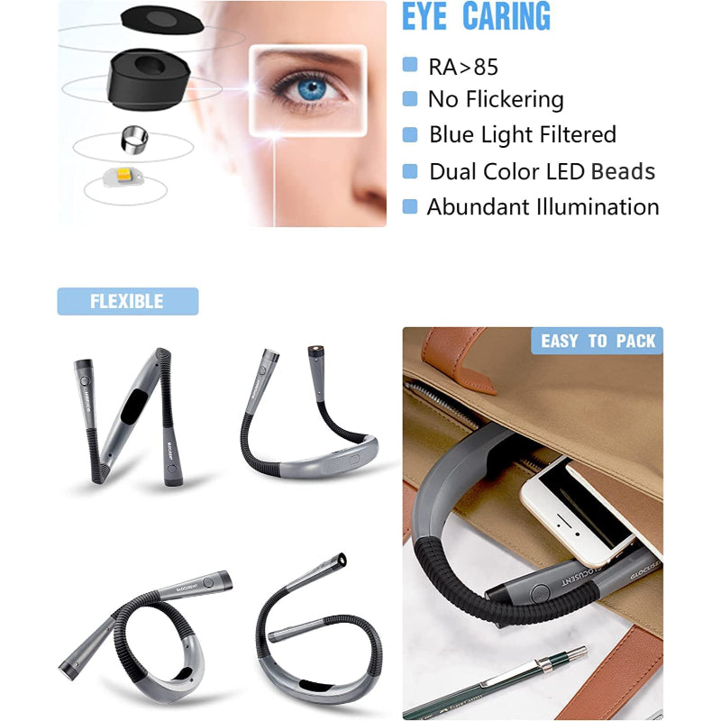 BowLift | Lámpara de Lectura LED para el Cuello, Luz de Libro para Leer en la Cama, 3 Colores, 6 Niveles de Brillo, Brazo Flexible, Recargable, Duradera, Perfecta para Leer, Tejer, Acampar, Reparar