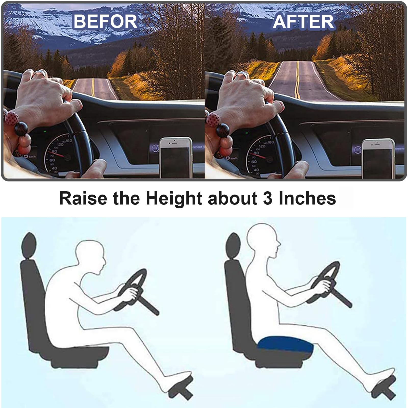 Aumento de Altura del Cojín de Coche – Cojín Elevador Ergonómico con Espuma de Memoria | Kalsten