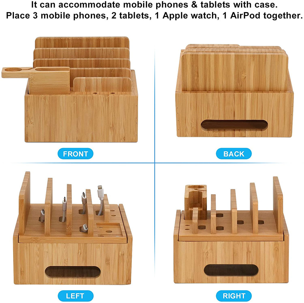 Tekavo ChargeDock Estación de Carga de Bambú | Cargador USB de 5 Puertos y Organizador | Para Smartphone, Tableta y Reloj Inteligente | Incluye Juego de Cables