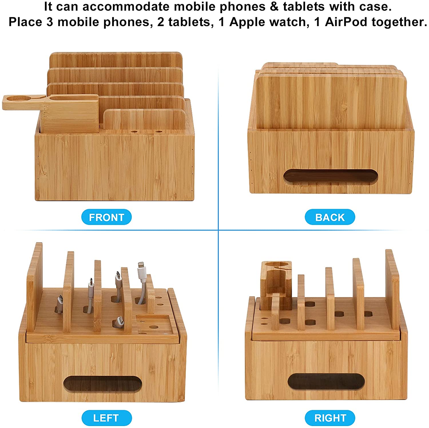Tekavo ChargeDock Estación de Carga de Bambú | Cargador USB de 5 Puertos y Organizador | Para Smartphone, Tableta y Reloj Inteligente | Incluye Juego de Cables