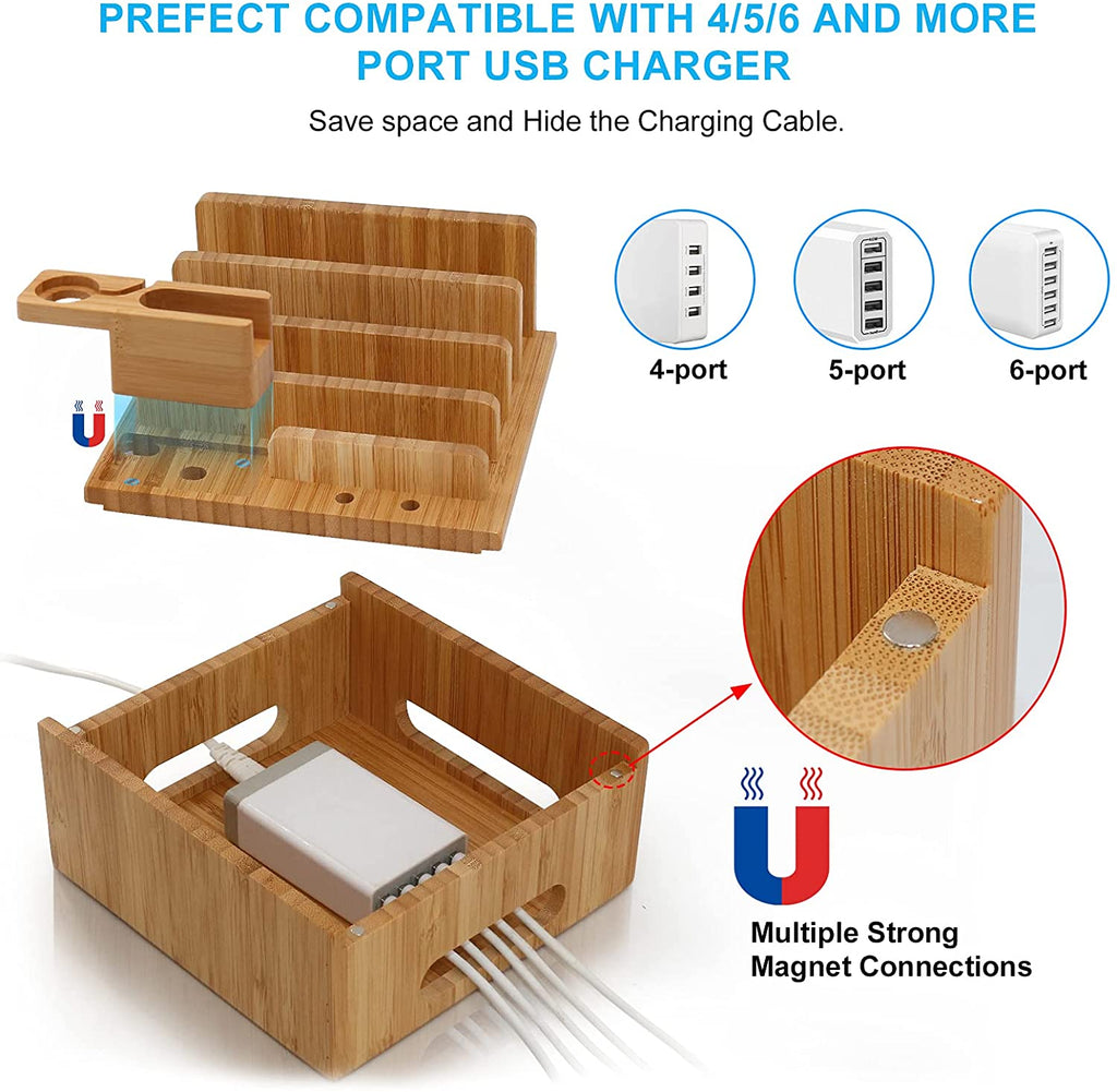 Tekavo ChargeDock Estación de Carga de Bambú | Cargador USB de 5 Puertos y Organizador | Para Smartphone, Tableta y Reloj Inteligente | Incluye Juego de Cables