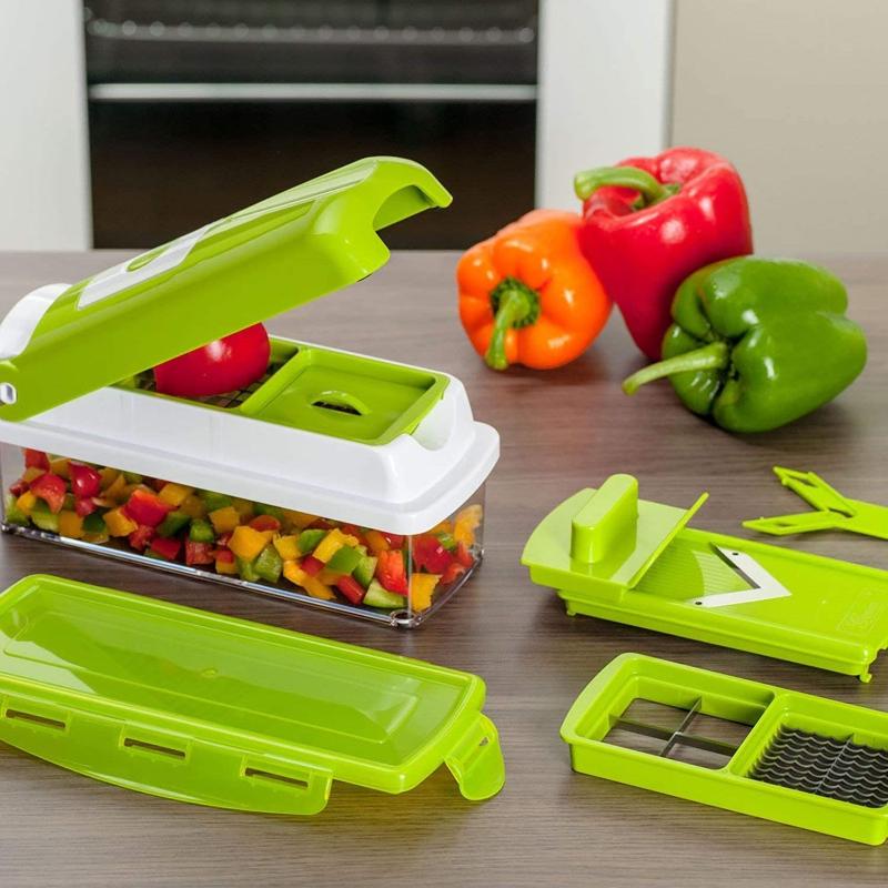 CutMate Cortador de Verduras Multifuncional 12 en 1 | Con Recipiente y Protección para los Dedos | Cuchillas de Acero Inoxidable | Compacto y Seguro