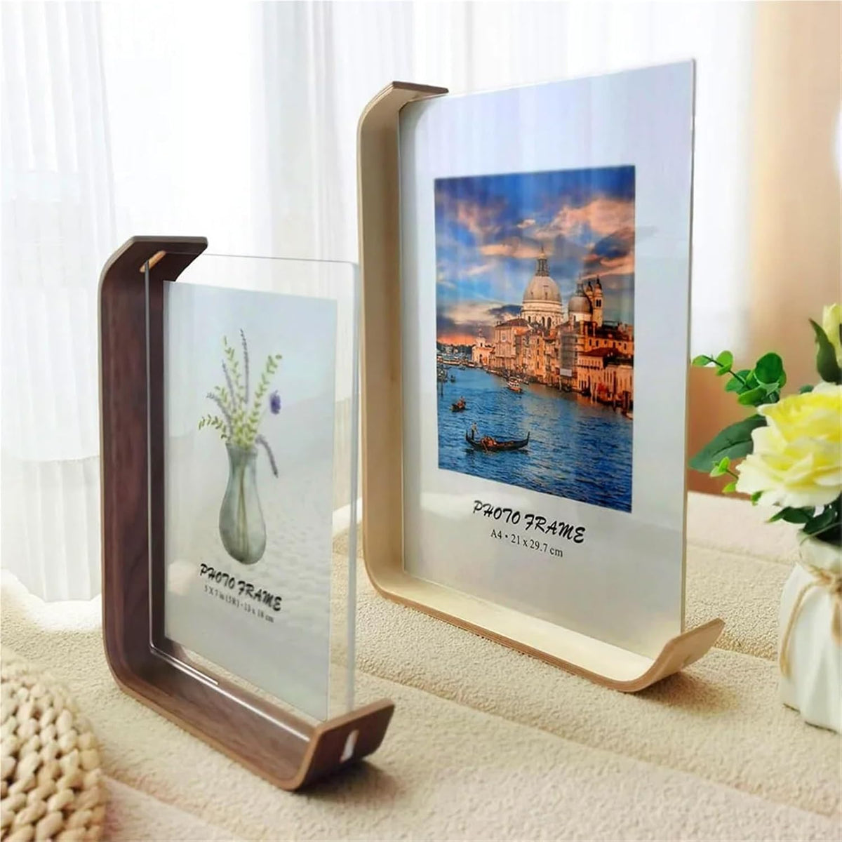FOTODUO – Marco de fotos de acrílico y madera con vista doble para decoración moderna de mesa
