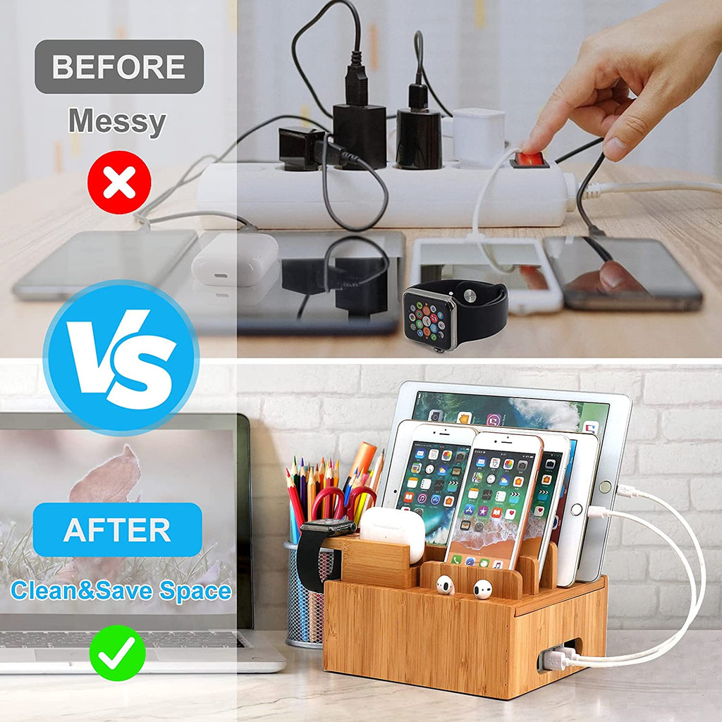 Tekavo ChargeDock Estación de Carga de Bambú | Cargador USB de 5 Puertos y Organizador | Para Smartphone, Tableta y Reloj Inteligente | Incluye Juego de Cables