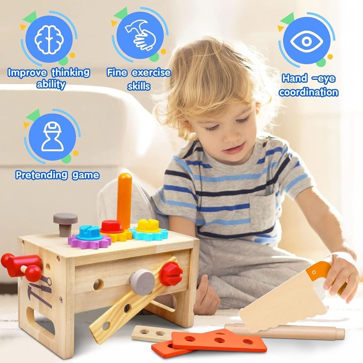Caja de herramientas de madera para niños – Caja de herramientas creativa para el desarrollo motor a partir de 6 meses