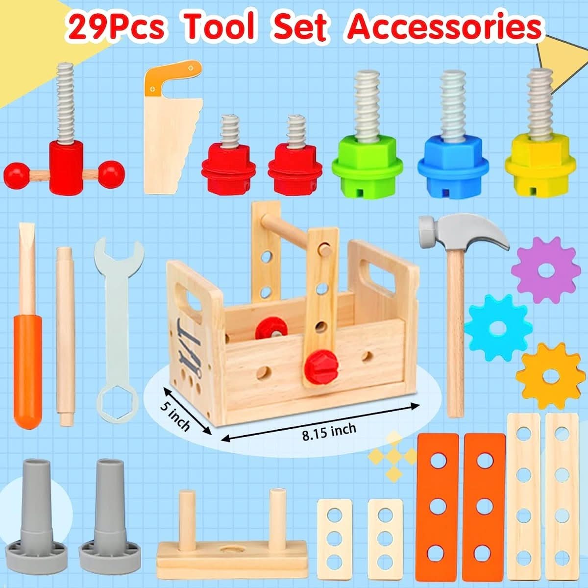 Caja de herramientas de madera para niños – Caja de herramientas creativa para el desarrollo motor a partir de 6 meses
