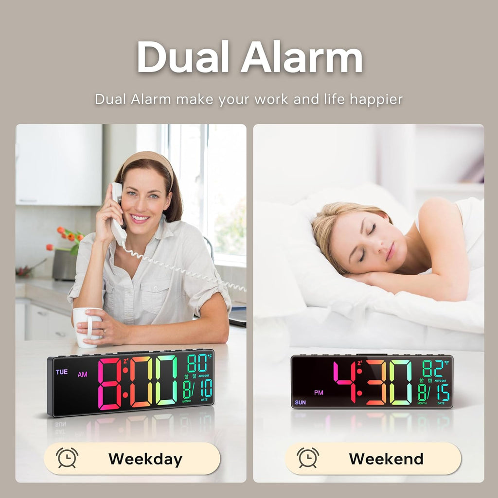 Reloj Despertador Digital Grande de 10.5'' con 8 en 1 Colores RGB