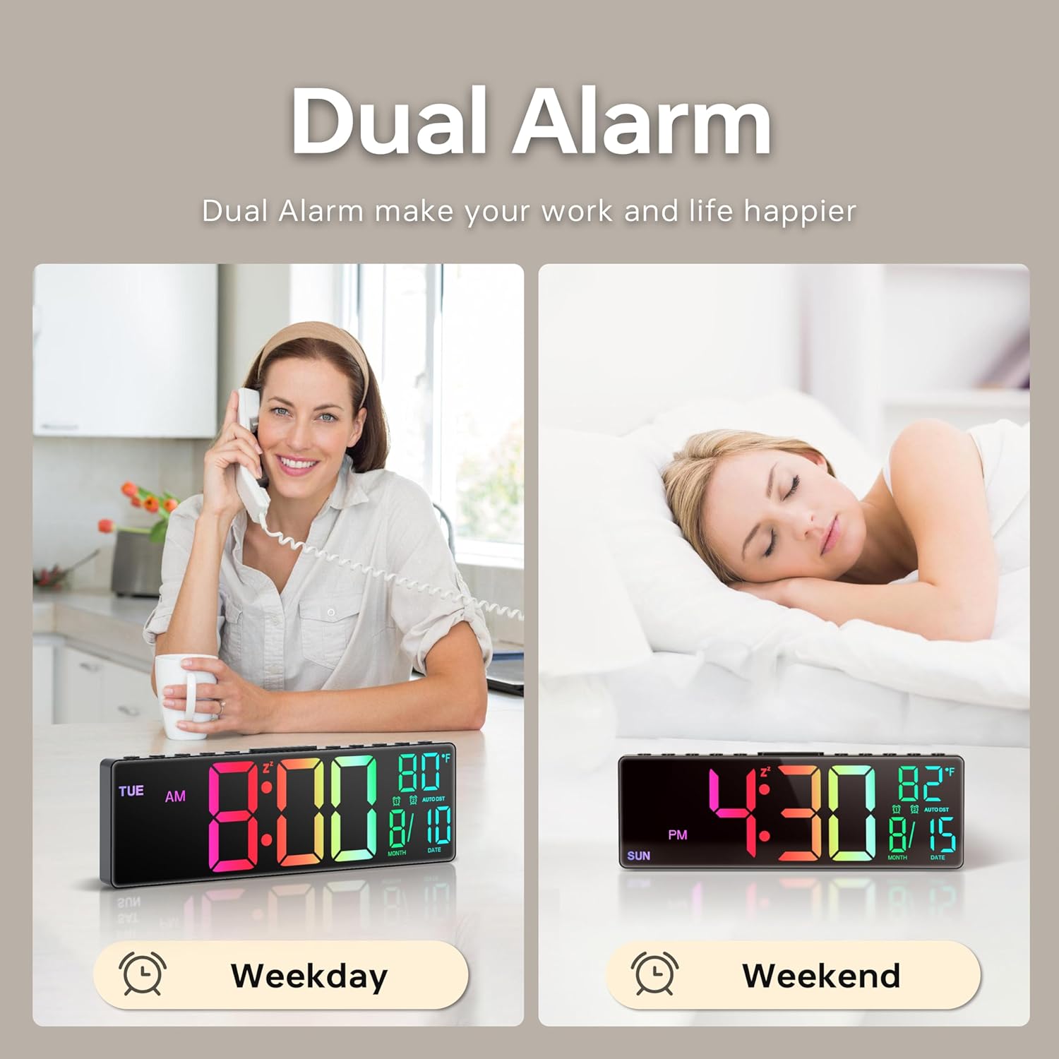 Reloj Despertador Digital Grande de 10.5'' con 8 en 1 Colores RGB