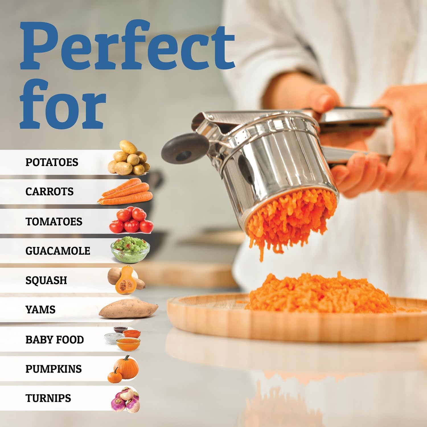 PureMasher Pro Prensa de Patatas de Acero Inoxidable 15oz | Capacidad Extra Grande | Para Puré, Verduras y Frutas | Sin Grumos y Robusta