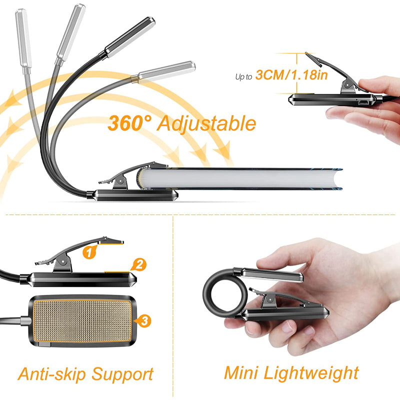 BowLift | Compra 9 lámparas de lectura LED recargables por USB para leer en la cama - amigables con los ojos, regulables sin escalas | Lámpara de lectura pequeña y ligera con clip
