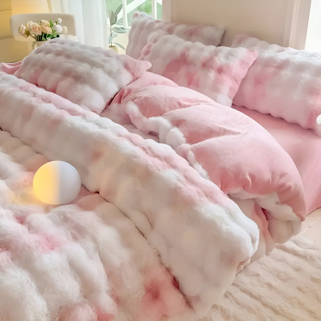 Conjunto de ropa de cama de terciopelo muy acogedor: cálido y suave para el otoño y el invierno | Diseño reversible en piel de conejo y terciopelo color leche