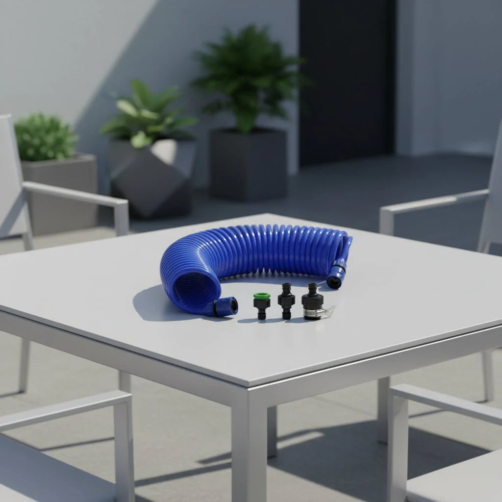 Manguera en espiral compacta con conexiones rápidas para riego de plantas