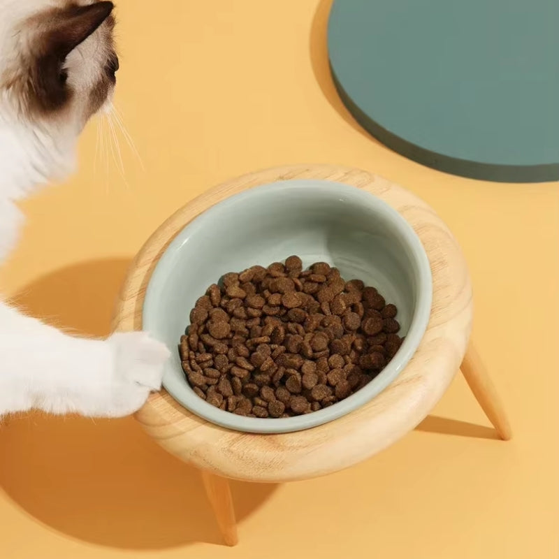 Cuenco Elevado de Cerámica para Gatos Misha con Soporte de Madera