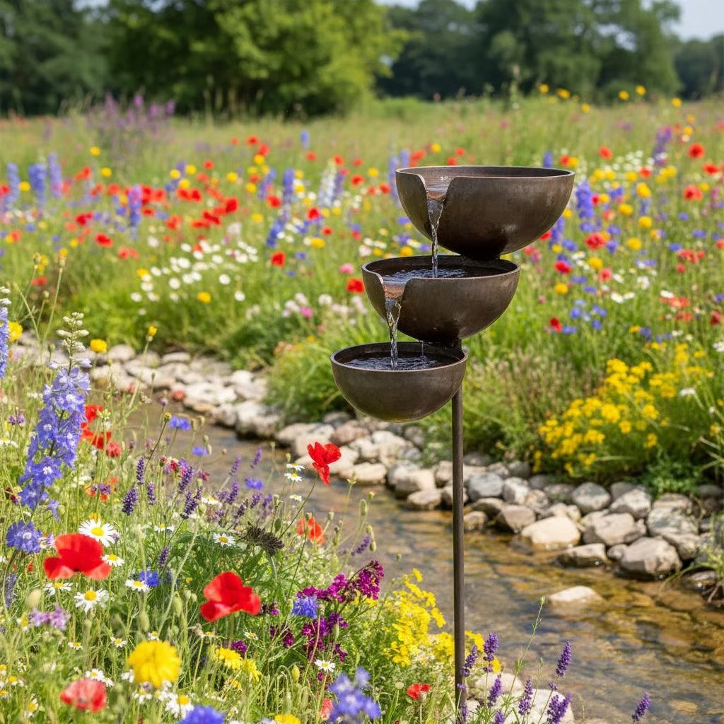 Fuente de agua para aves de metal con función de agua de lluvia