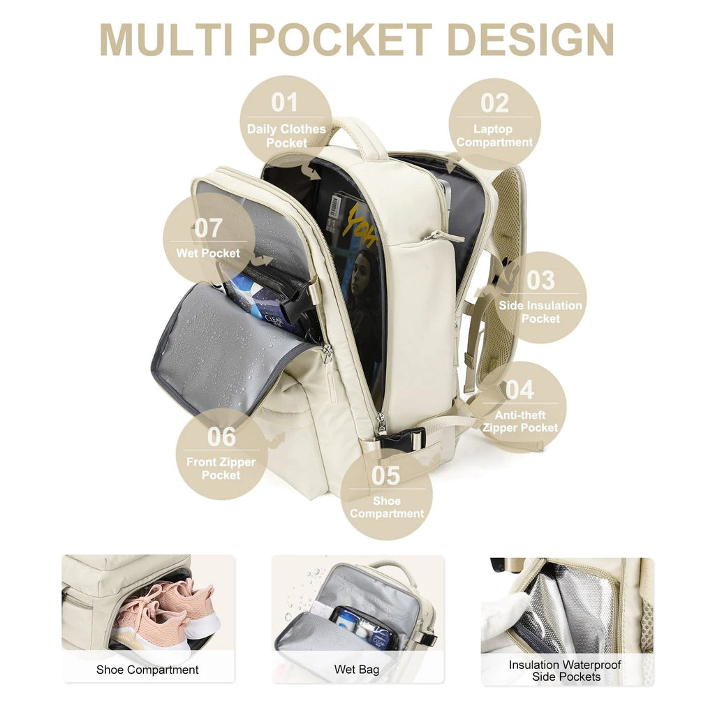 TRAVELMATE - Gran Mochila de Viaje Impermeable con USB – Antirrobo & Compartimento para Zapatos – 35L