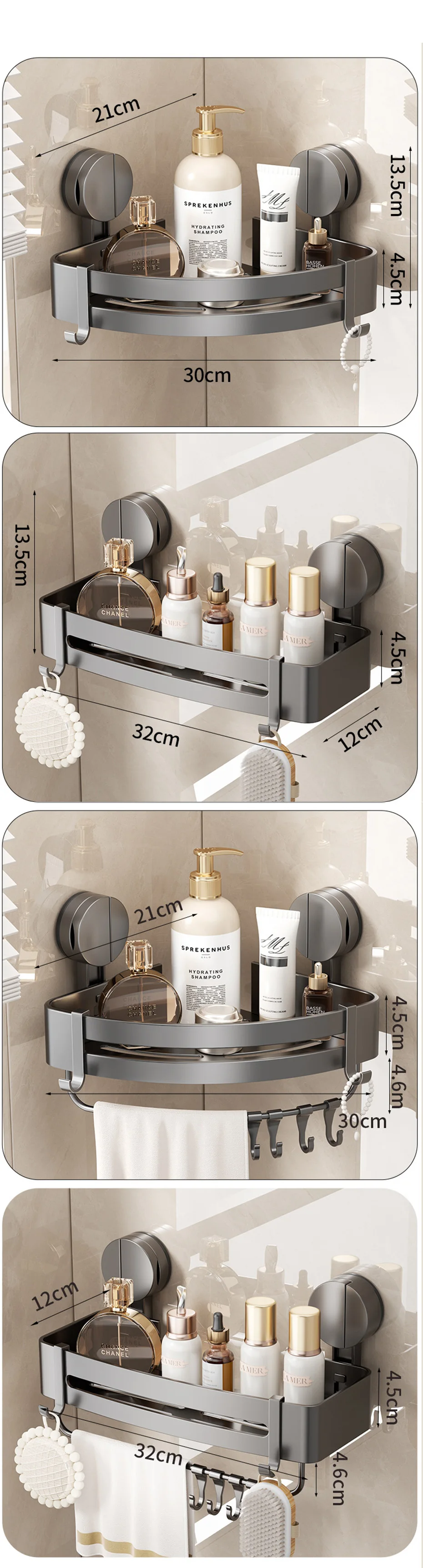 AquaGrip Estante de Ducha con Ventosas sin Perforación – Estante de Baño de Aluminio, Montaje en Esquina o Pared