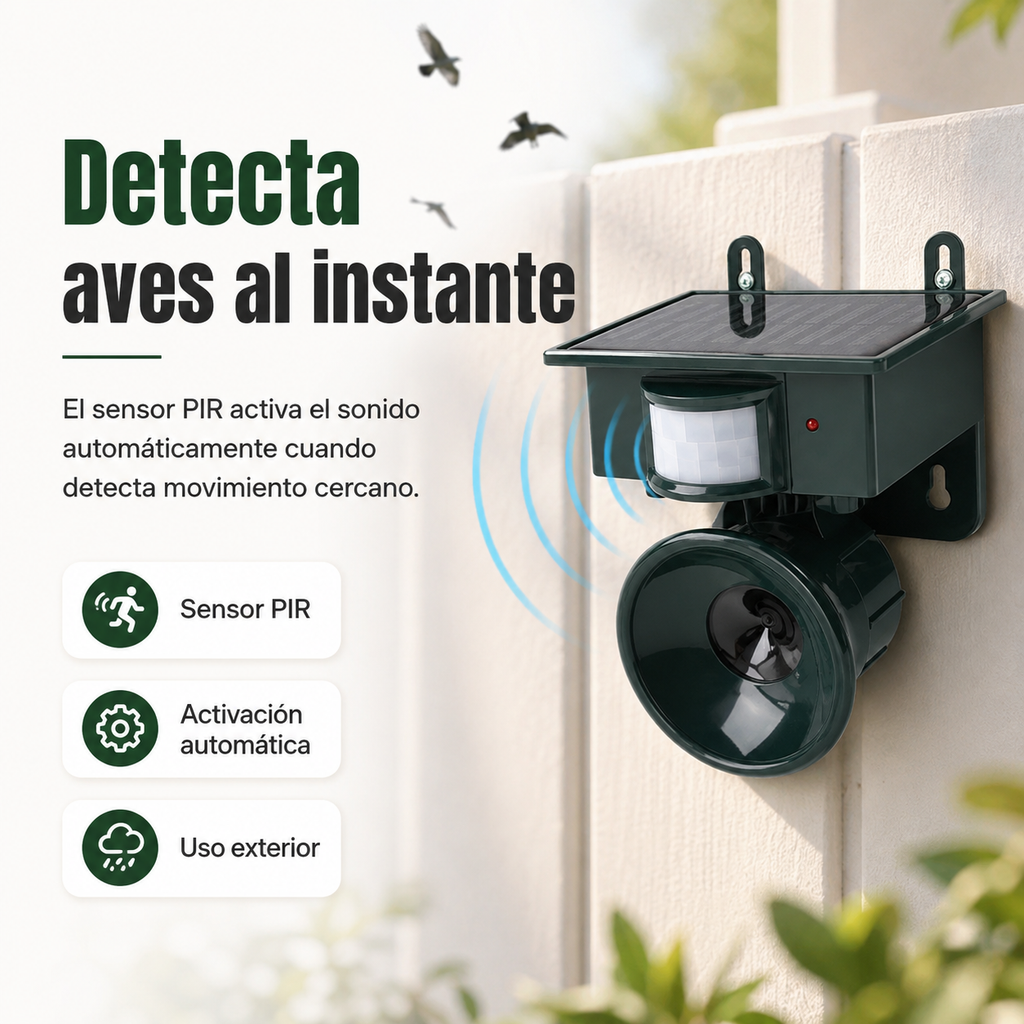 Repelente de Aves Solar Ultrasonico Inteligente