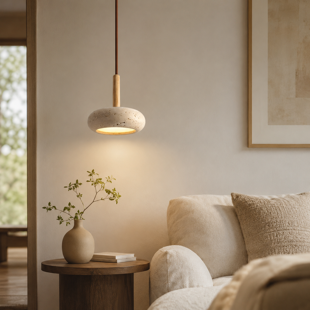 Lámpara Retro Japonesa LED | TranquilHalo | Altura de Suspensión Ajustable | Piedra de Cueva Amarilla & Madera | Ø 15cm Colgante | Max 2m Cable | Montaje Sencillo | Diseño Relajante