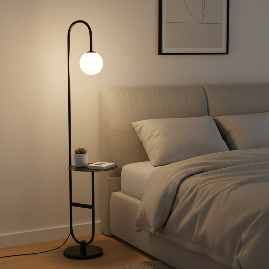 NordHalo Arc | Lámpara de Pie Escandinava Moderna y Elegante con Mesa Lateral