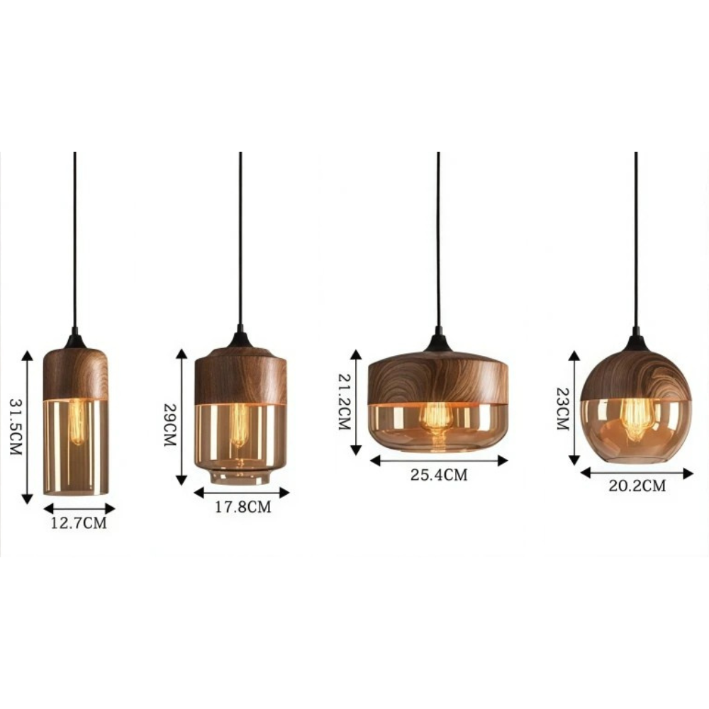 Lámpara de Techo Escandinava NordLuna - F fixture de Luz de Madera con Vidrio Tinteado, Altura Ajustable para Comedores y Espacios Habitables