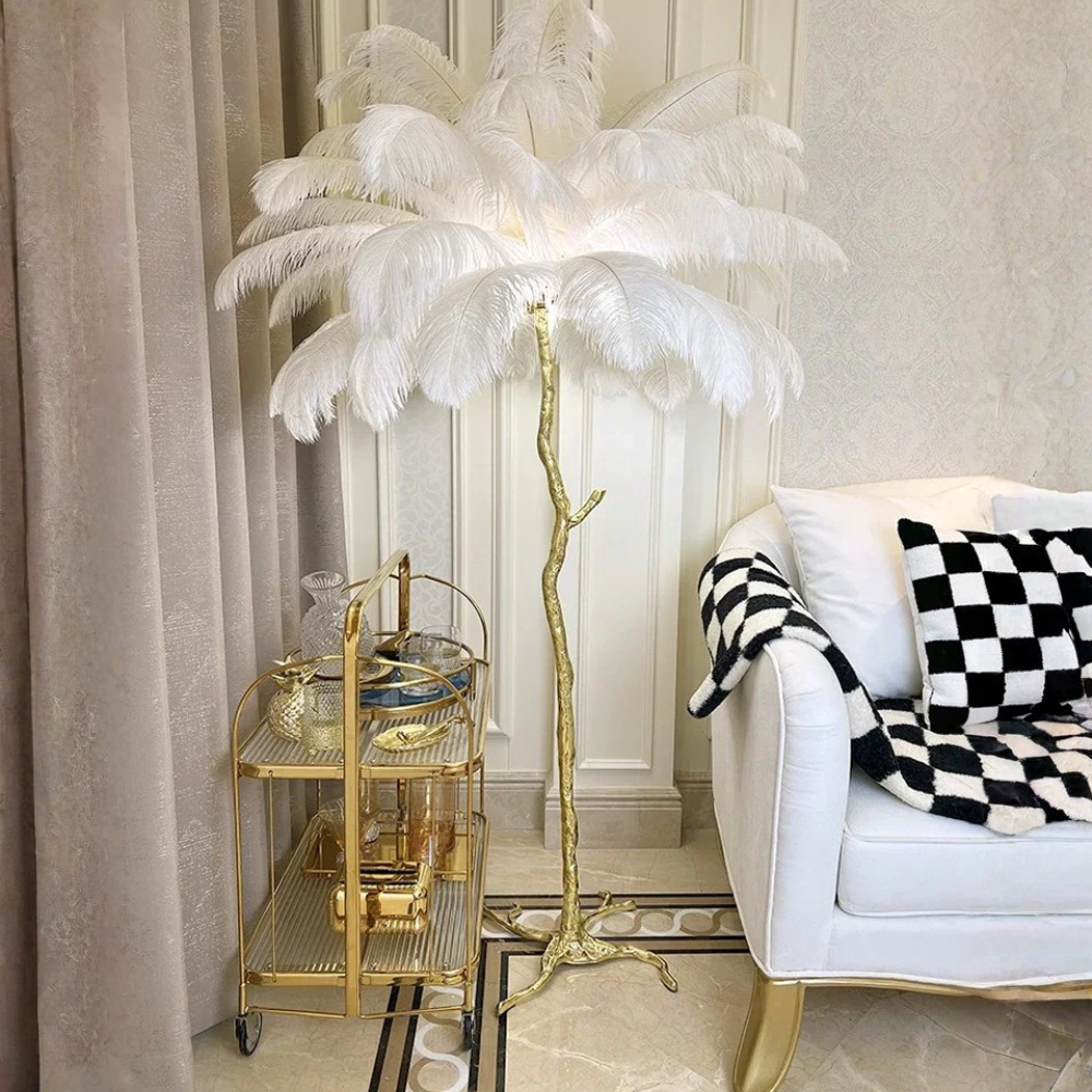 Lámpara de Pie con Pantalla de Plumas Elegante - Lámpara de Trípode Moderna para Sala de Estar