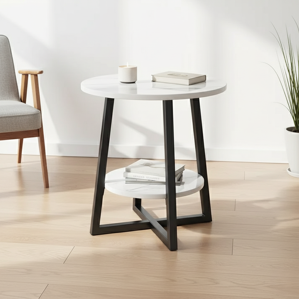 Mesa Lateral Moderna de Dos Niveles con Diseño Compacto – Mesa de Noche Versátil y Mesa de Exterior para Espacios Pequeños