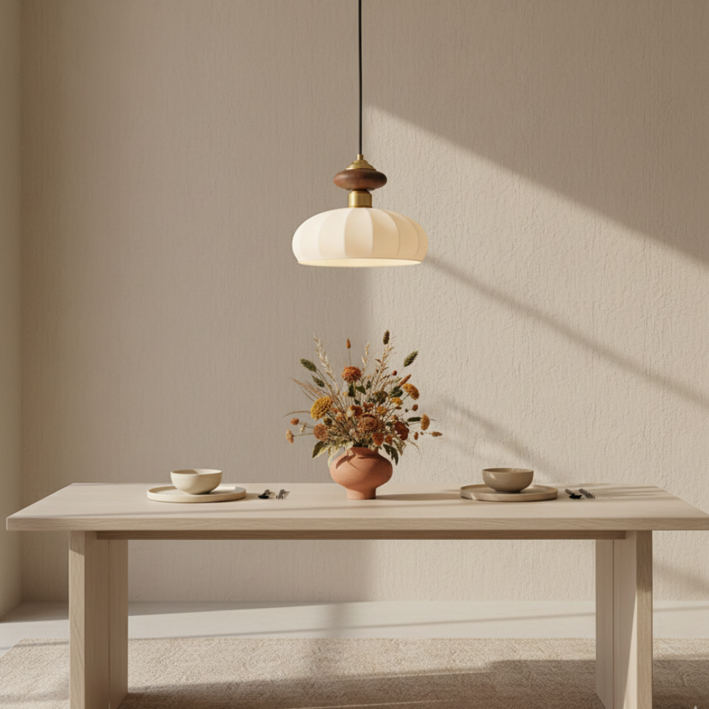Lámpara Colgante Ceres - Elegante Pantalla de Vidrio Orgánico y Acento de Madera para Iluminación de Isla de Cocina