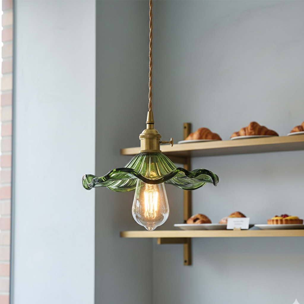 Lámpara Colgante Elegante en Forma de Pétalo - Pantalla de Vidrio Estriado y Accesorio de Latón para Iluminación de Cocina