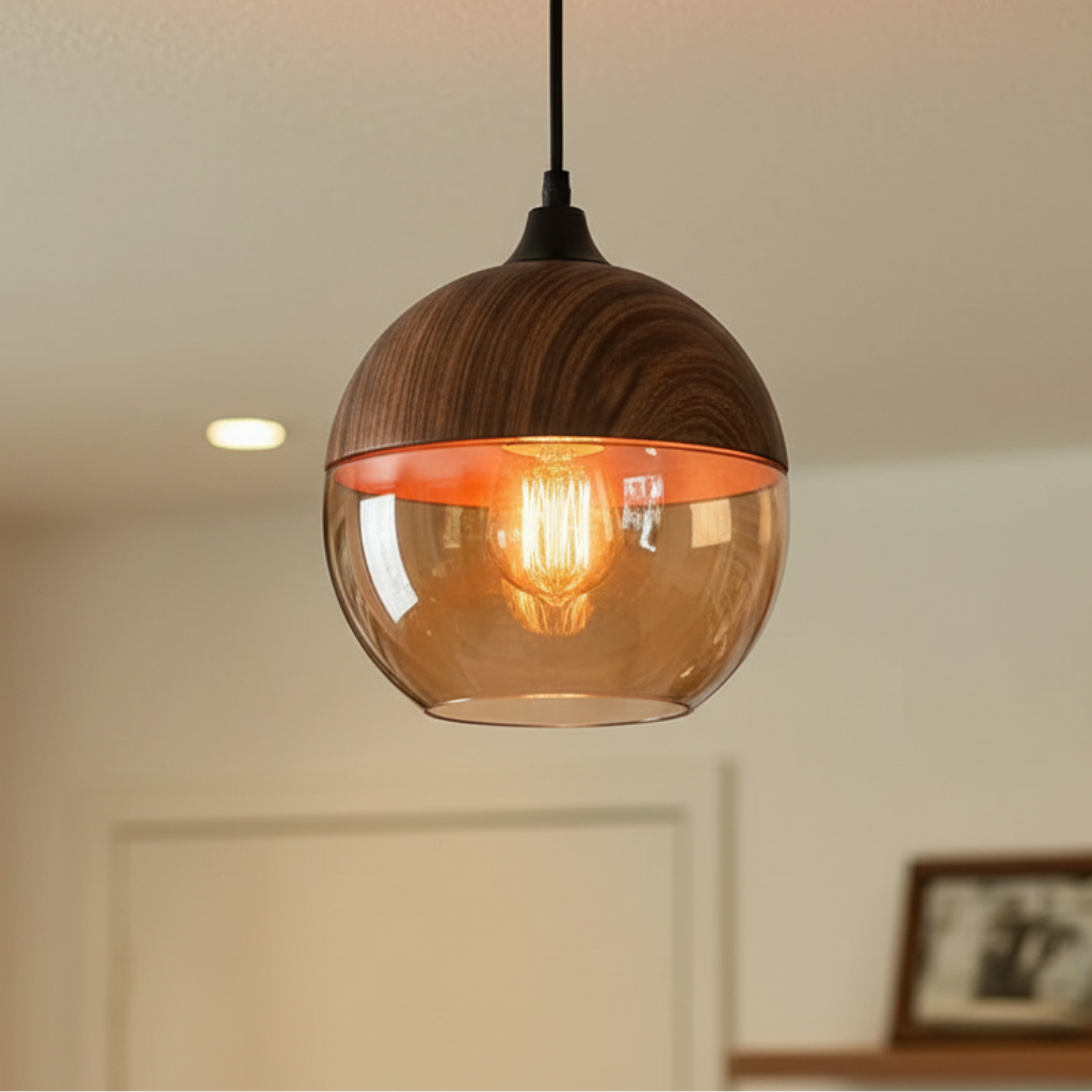 Lámpara de Techo Escandinava NordLuna - F fixture de Luz de Madera con Vidrio Tinteado, Altura Ajustable para Comedores y Espacios Habitables