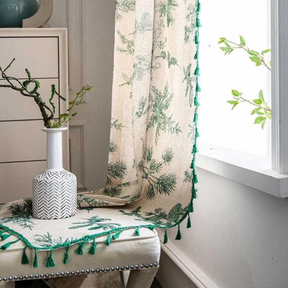Cortina con Diseño de Pájaro en Pino Verde y Borlas